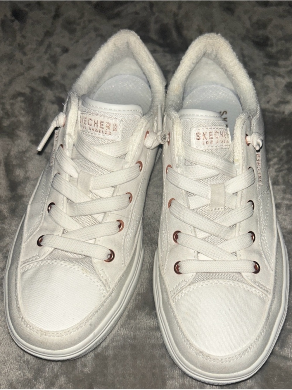 Skechers Women's White Slip On Casual Sneakers with Rose Gold Eyelets - Picture 3 of 8